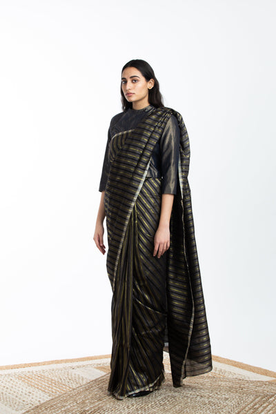 Handwoven Black Brown Gold Striped Silk Sareee Fashion Akaaro