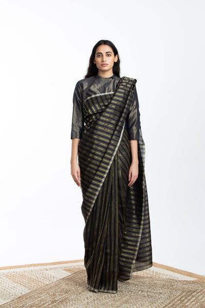 Handwoven Black Brown Gold Striped Silk Sareee Fashion Akaaro