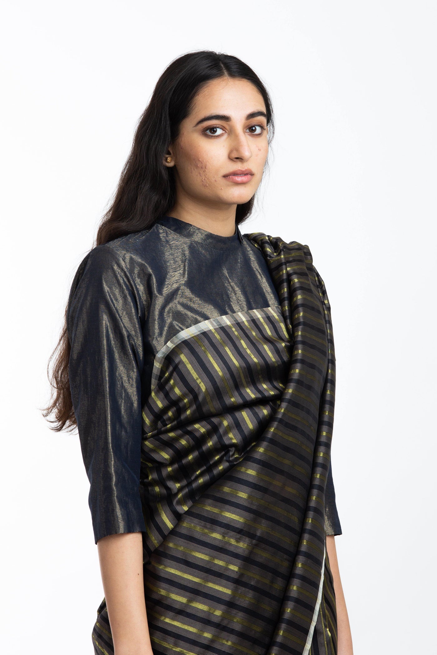 Handwoven Black Brown Gold Striped Silk Sareee Fashion Akaaro