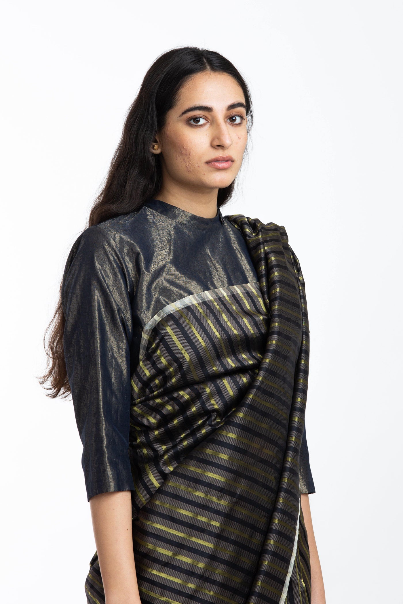 Handwoven Black Brown Gold Striped Silk Sareee Fashion Akaaro 