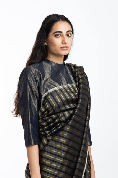 Handwoven Black Brown Gold Striped Silk Sareee Fashion Akaaro