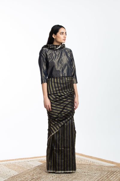 Handwoven Black Brown Gold Striped Silk Sareee Fashion Akaaro