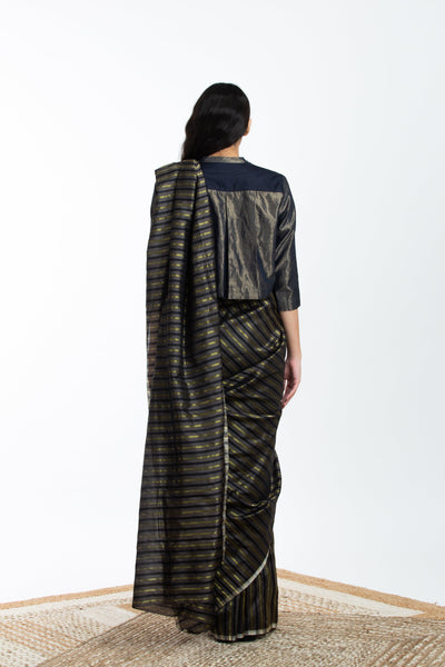 Handwoven Black Brown Gold Striped Silk Sareee Fashion Akaaro
