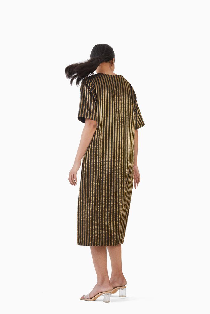 Handwoven Black Gold Striped Metallic Dress Fashion Akaaro 