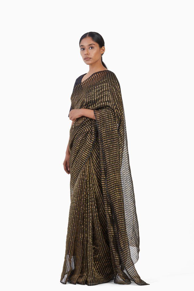 Handwoven Black Gold Striped Silk Zari Saree Fashion Akaaro