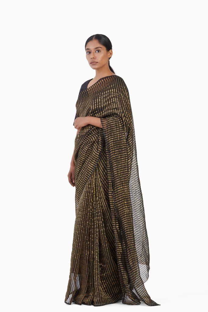 Handwoven Black Gold Striped Silk Zari Saree Fashion Akaaro 