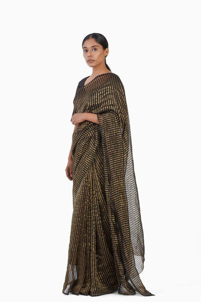 Handwoven Black Gold Striped Silk Zari Saree Fashion Akaaro