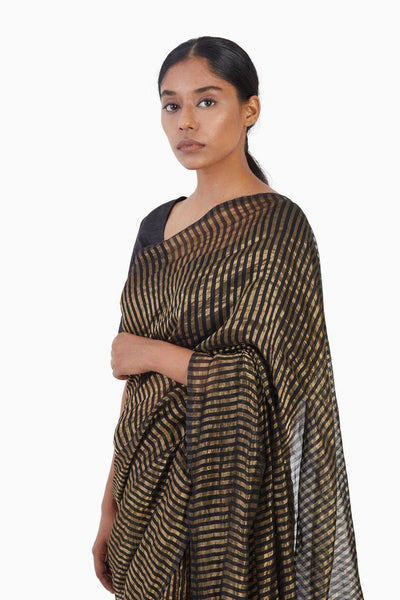 Handwoven Black Gold Striped Silk Zari Saree Fashion Akaaro