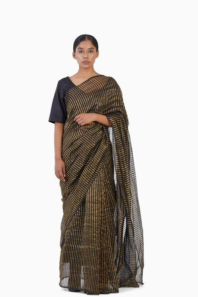 Handwoven Black Gold Striped Silk Zari Saree Fashion Akaaro