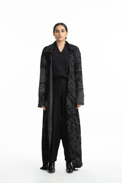 Handwoven Black Grey Merino Wool Long Coat Fashion Akaaro