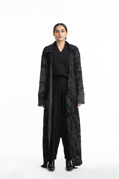 Handwoven Black Grey Merino Wool Long Coat Fashion Akaaro