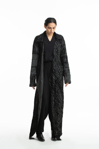 Handwoven Black Grey Merino Wool Long Coat Fashion Akaaro