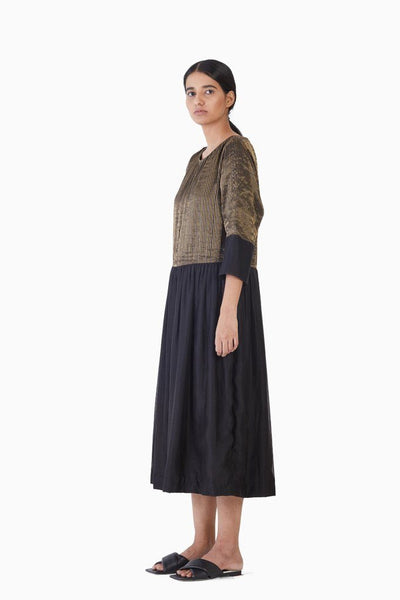 Handwoven Black Stirped Buttoned Placket Dress Fashion Akaaro