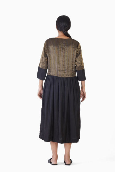 Handwoven Black Stirped Buttoned Placket Dress Fashion Akaaro
