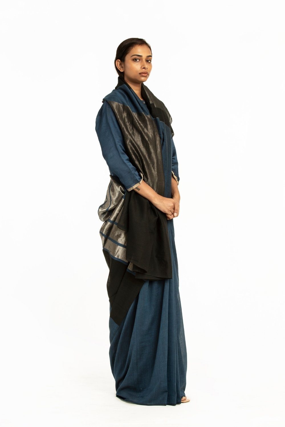 Handwoven Blue Black Engineered Cotton Saree Fashion Akaaro 
