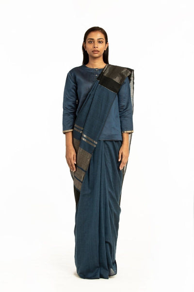 Handwoven Blue Black Engineered Cotton Saree Fashion Akaaro