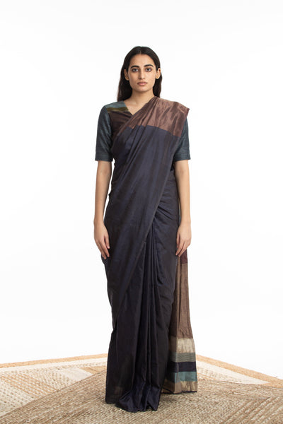 Handwoven Blue Chatai Engineered Silk Saree Fashion Akaaro