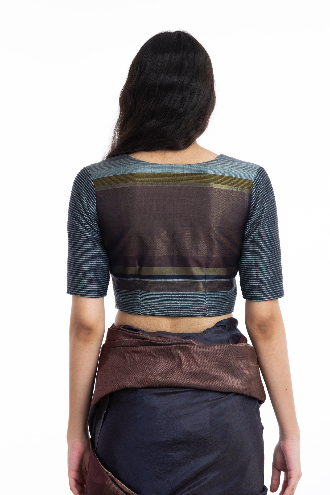 Handwoven Blue Engineered V Neck Blouse Fashion Akaaro
