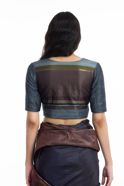Handwoven Blue Engineered V Neck Blouse Fashion Akaaro