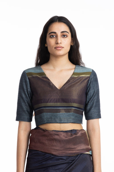 Handwoven Blue Engineered V Neck Blouse Fashion Akaaro