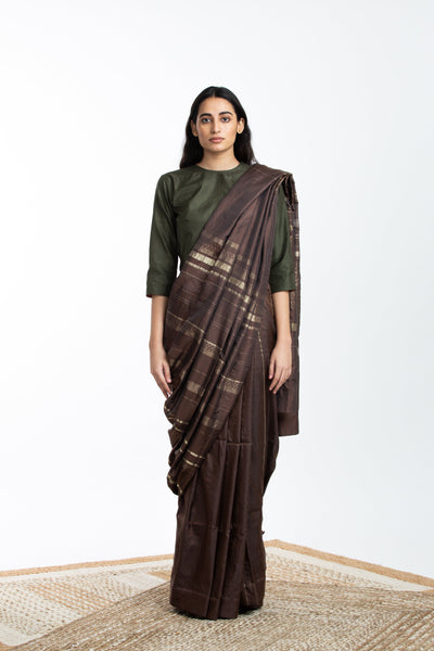 Handwoven Brown Engineered Silk Saree Fashion Akaaro