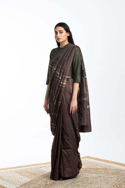 Handwoven Brown Engineered Silk Saree Fashion Akaaro