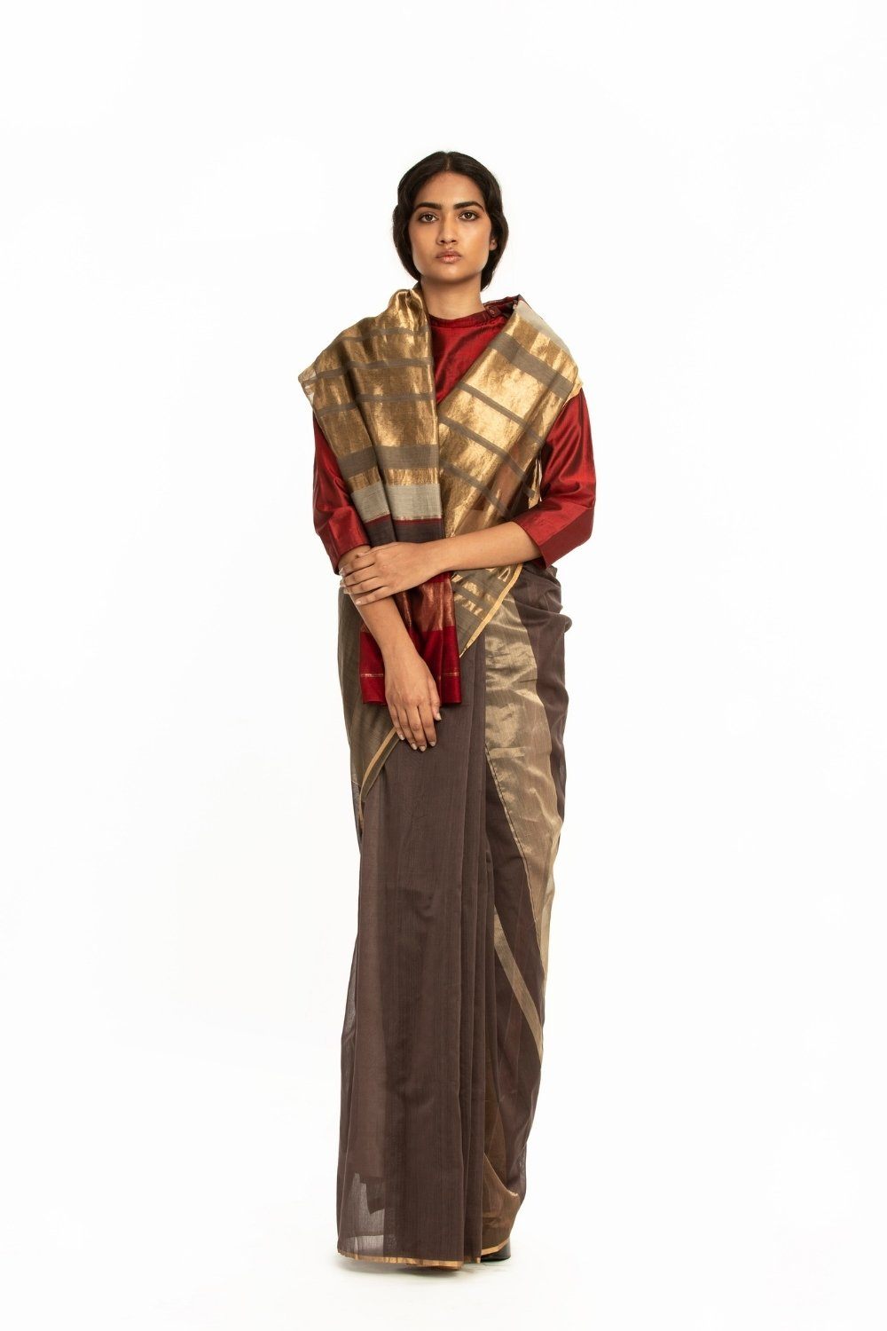 Handwoven Brown Red Gold Engineered Saree Fashion Akaaro