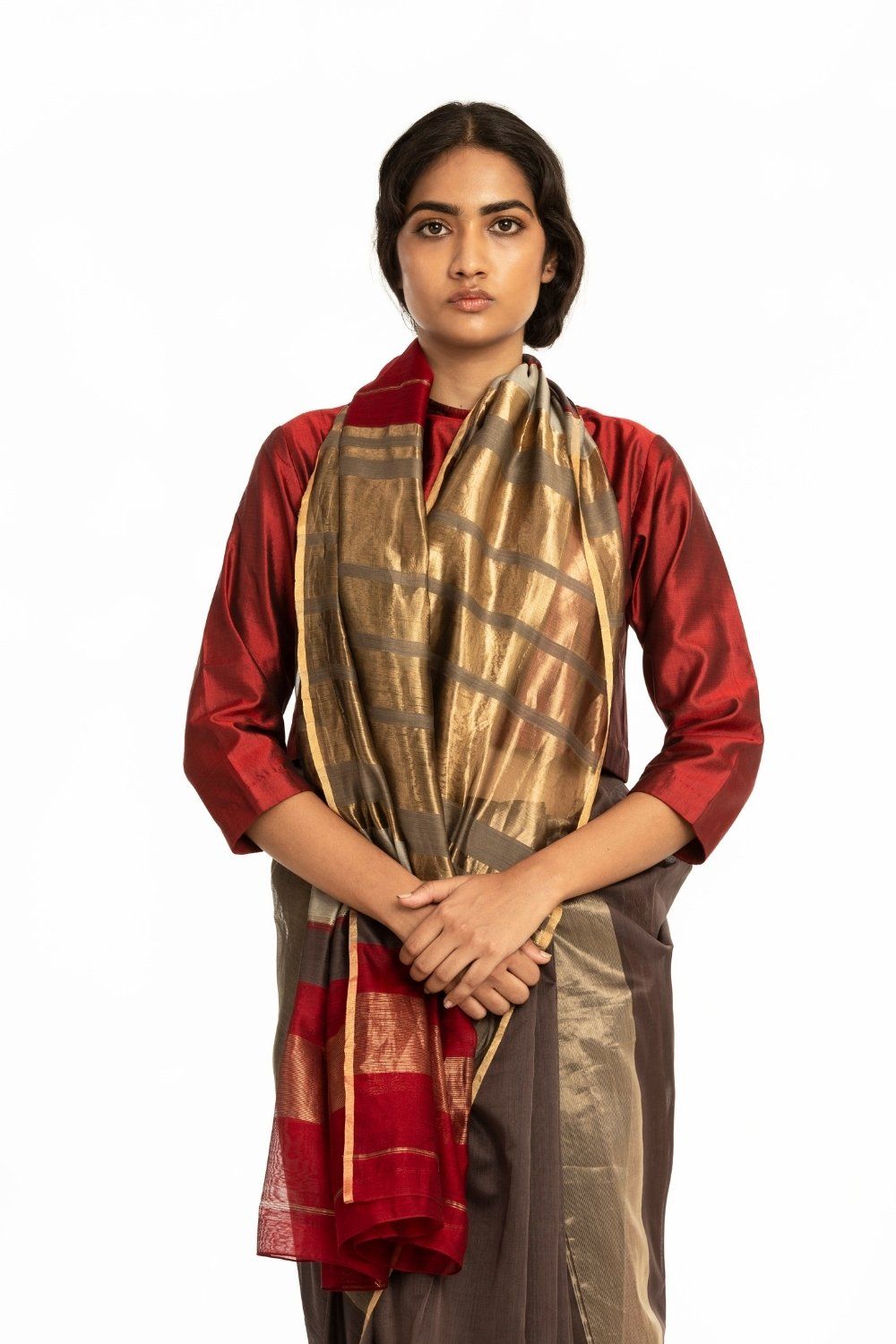 Handwoven Brown Red Gold Engineered Saree Fashion Akaaro