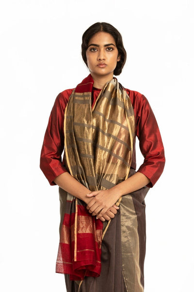 Handwoven Brown Red Gold Engineered Saree Fashion Akaaro