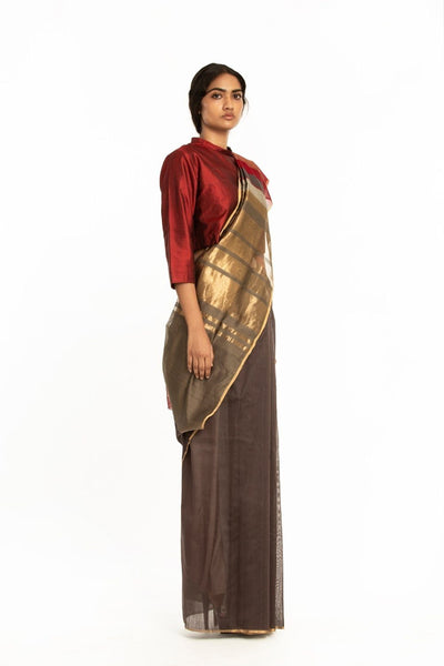 Handwoven Brown Red Gold Engineered Saree Fashion Akaaro