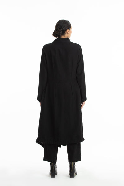 Handwoven Collared Side Gathered Black Marino Wool Coat Fashion Akaaro