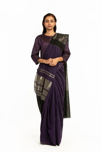 Handwoven Deep Purple Black Engineered Cotton Saree Fashion Akaaro