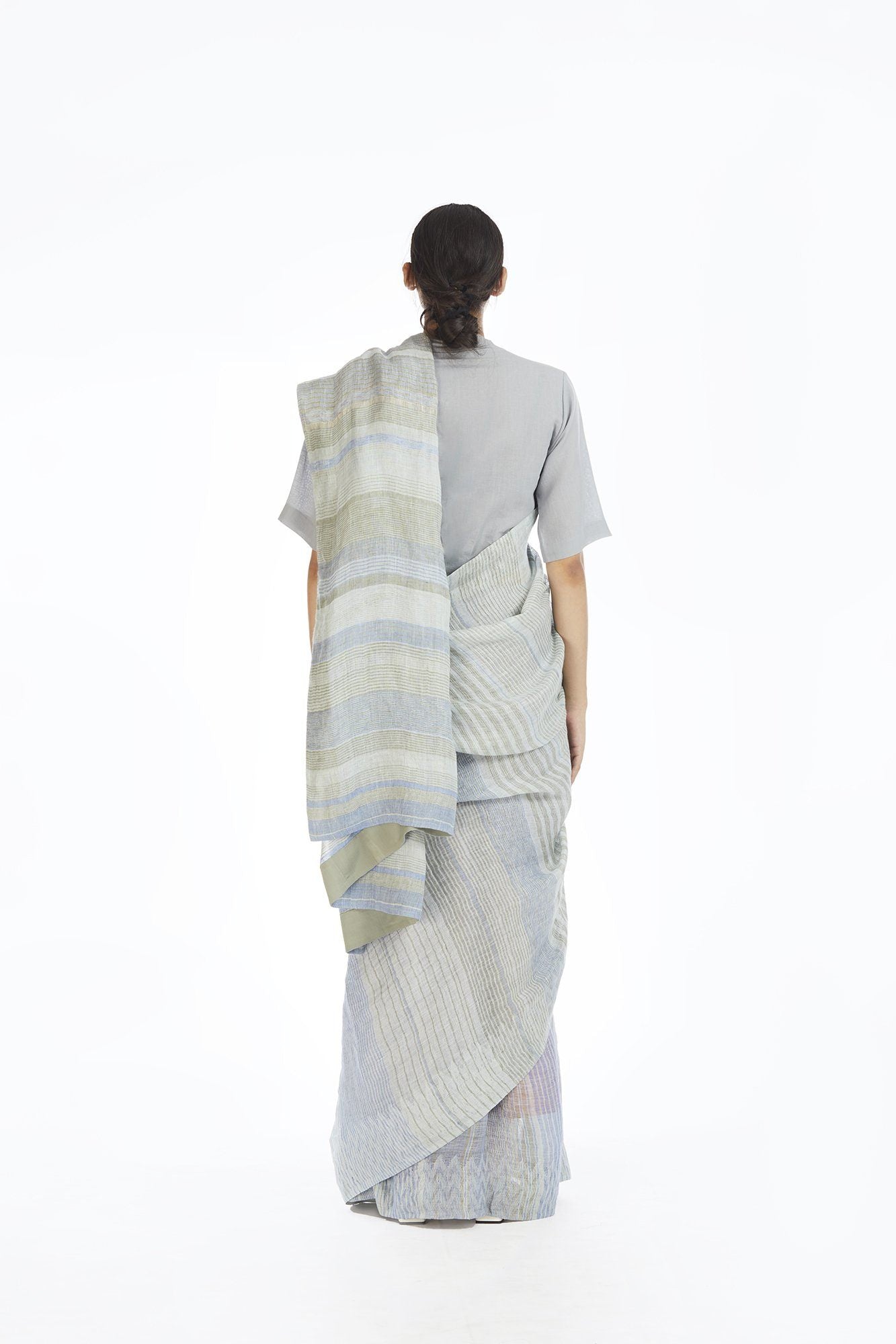 Handwoven Engineered Jaamdani Striped Linen Saree Fashion Akaaro