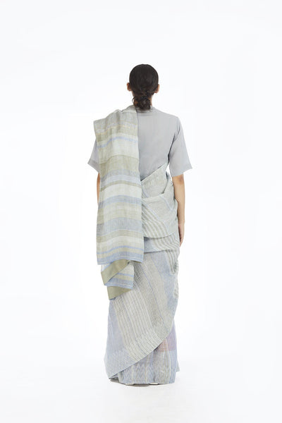 Handwoven Engineered Jaamdani Striped Linen Saree Fashion Akaaro