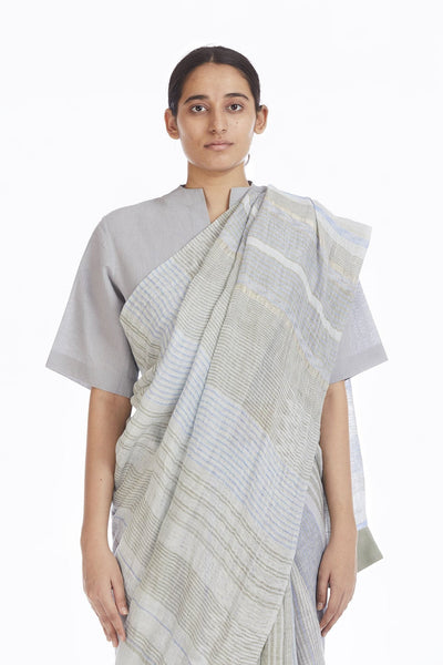 Handwoven Engineered Jaamdani Striped Linen Saree Fashion Akaaro