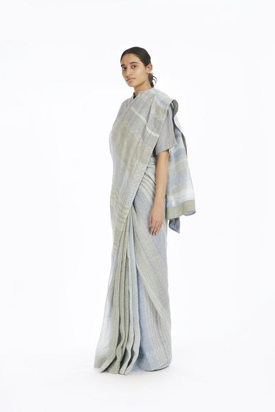 Handwoven Engineered Jaamdani Striped Linen Saree Fashion Akaaro