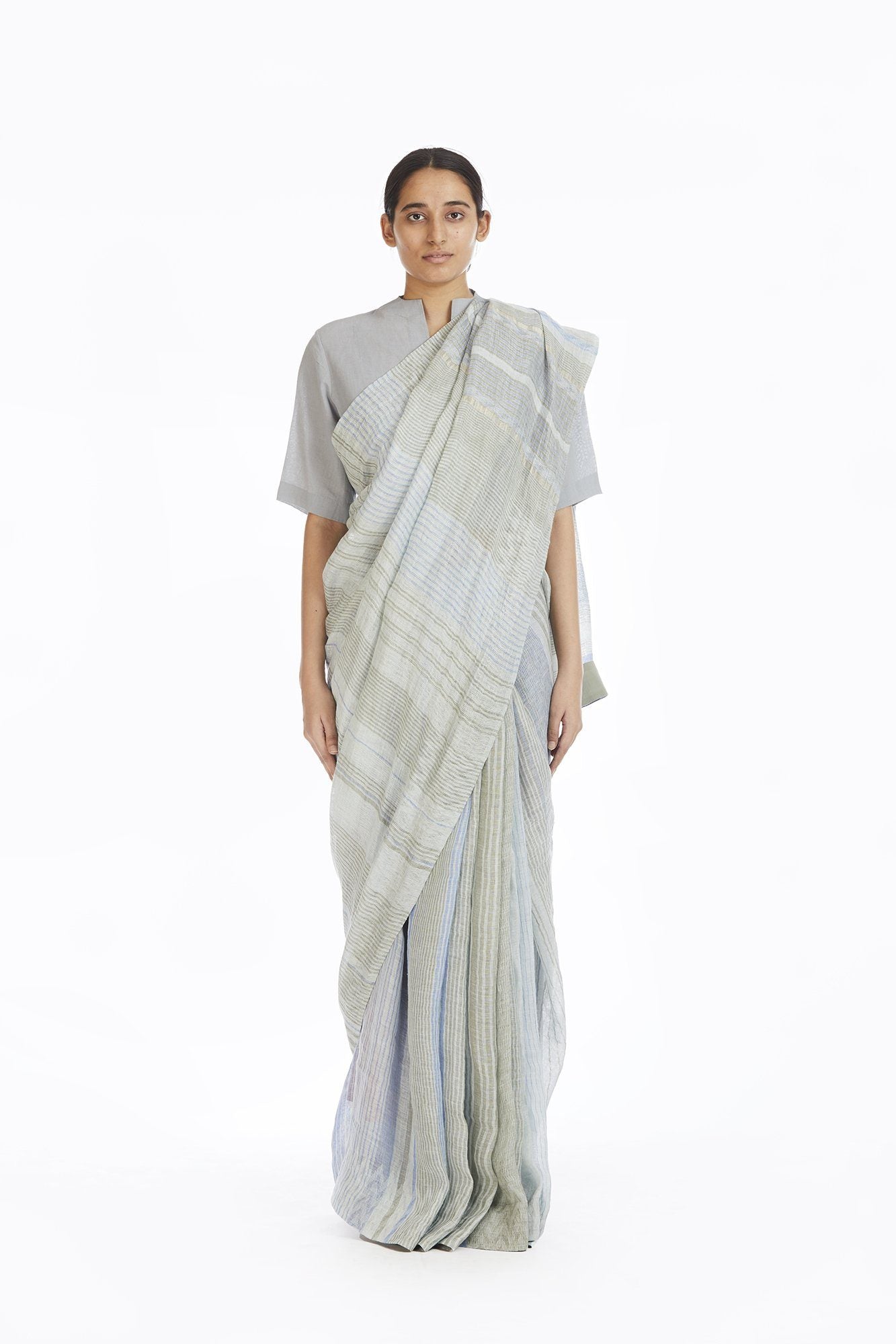 Handwoven Engineered Jaamdani Striped Linen Saree Fashion Akaaro