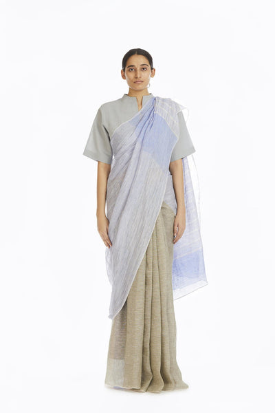 Handwoven Engineered Olive Blue Striped Saree Fashion Akaaro