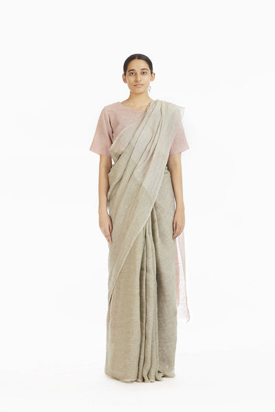 Handwoven Engineered Olive Soft Pink Linen Saree Fashion Akaaro