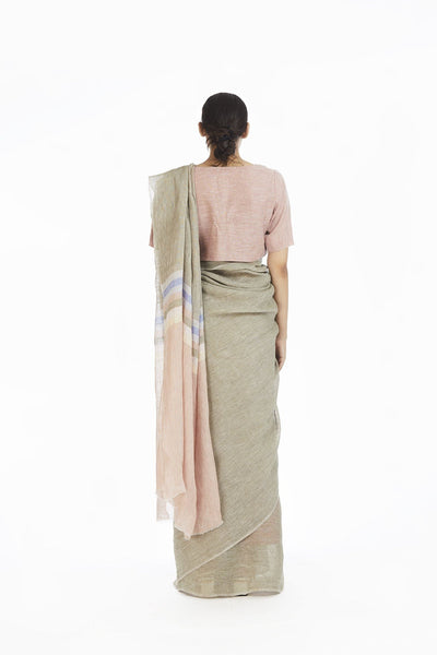 Handwoven Engineered Olive Soft Pink Linen Saree Fashion Akaaro