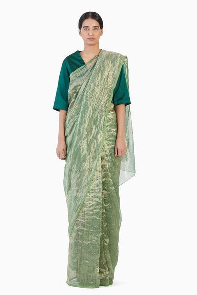 Handwoven Green Gold Striped Metallic Saree Fashion Akaaro