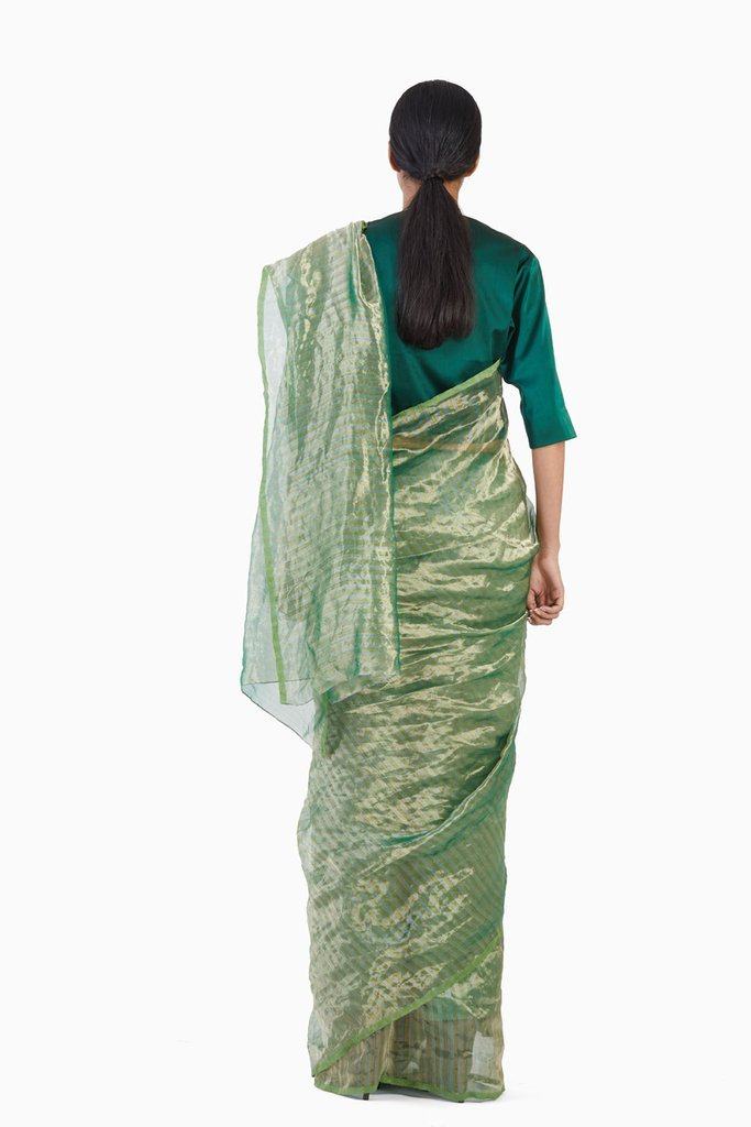 Handwoven Green Gold Striped Metallic Saree Fashion Akaaro 