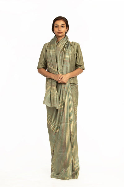 Handwoven Green Pale Striped Silk Saree Fashion Akaaro