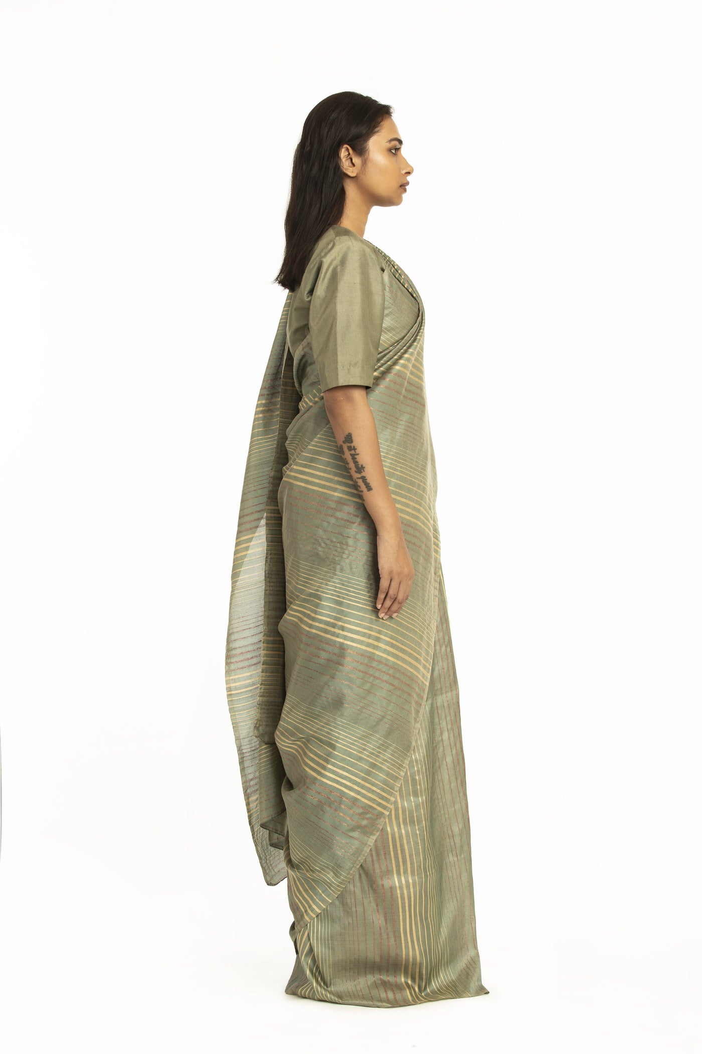 Handwoven Green Pale Striped Silk Saree Fashion Akaaro