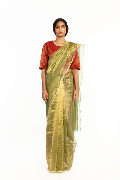 Handwoven Liquid Molten Green Gold Metallic Saree Fashion Akaaro