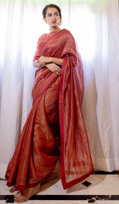 Handwoven Maroon Chanderi Tissue Saree Set Fashion Juanita 