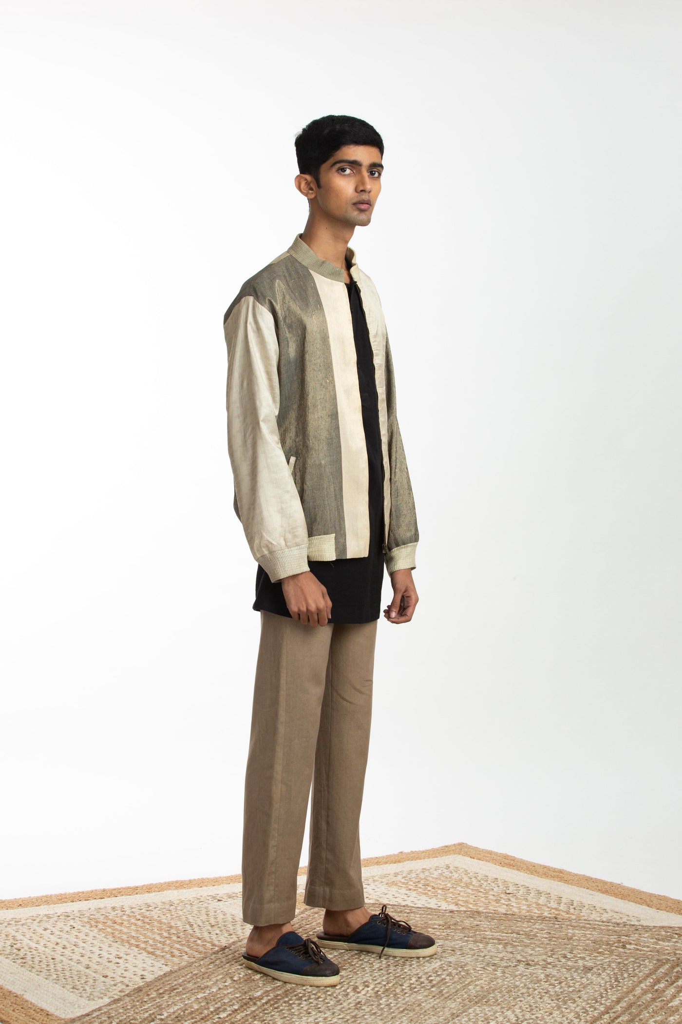 Handwoven Metallic Silk Engineered Bomber Jacket Men Akaaro Men 