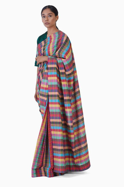 Handwoven Multi Colored Checkered Saree Fashion Akaaro