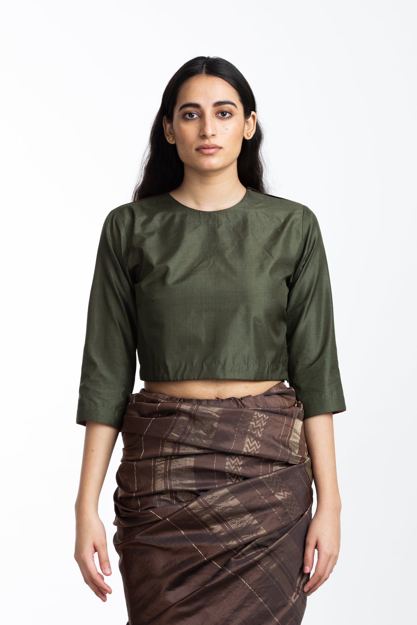 Handwoven Olive Back Yoke Blouse Fashion Akaaro