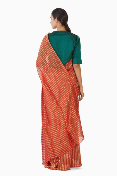 Handwoven Orange Gold Striped Silk Zari Saree Fashion Akaaro 